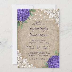 Rustic Burlap Lila Hydrangea Hochzeitseinladungen Einladung