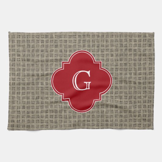 Rustic Burlap Look Cranberry Quatrefolienmonogramm Handtuch (Horizontal)