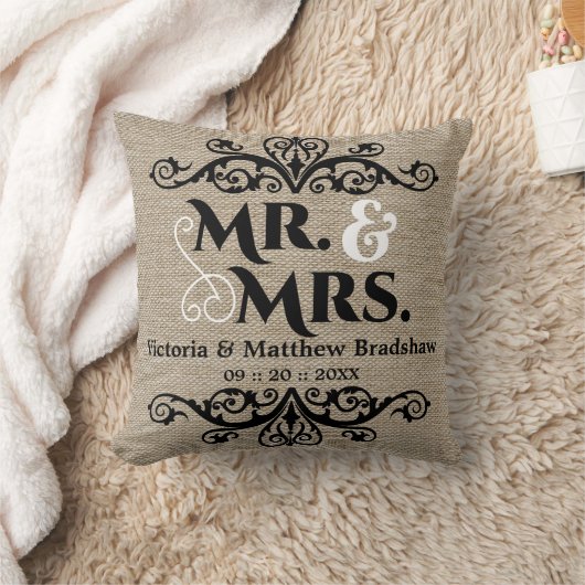 Rustic Burlap Look Mr. und Mrs. Wedding Kissen (Decke)