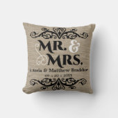 Rustic Burlap Look Mr. und Mrs. Wedding Kissen (Vorderseite)