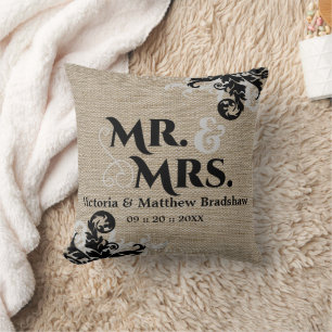Rustic Burlap Look Mr. und Mrs. Wedding Kissen