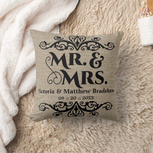 Rustic Burlap Look Mr. und Mrs. Wedding Kissen (Decke)