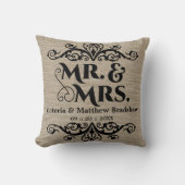 Rustic Burlap Look Mr. und Mrs. Wedding Kissen (Vorderseite)