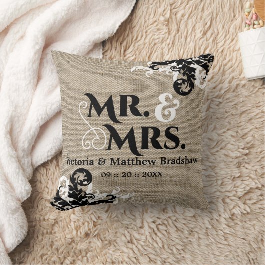 Rustic Burlap Look Mr. und Mrs. Wedding Kissen (Decke)