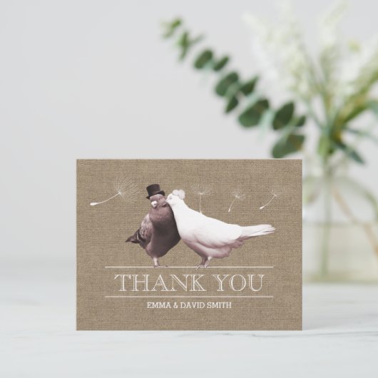 Rustic Burlap Love Birds Danke Postkarte (Stehend Vorderseite)