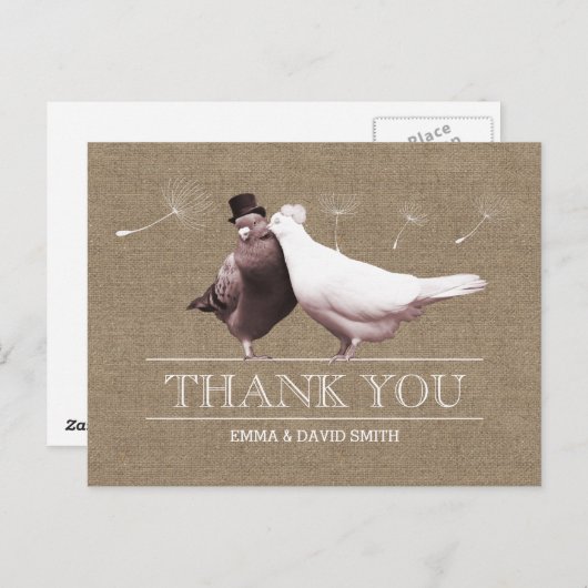 Rustic Burlap Love Birds Danke Postkarte (Vorne/Hinten)