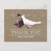 Rustic Burlap Love Birds Danke Postkarte (Vorderseite)