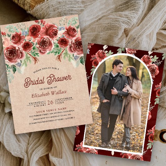 Rustic Burlap Marsala Floral Foto Brautparty Einladung