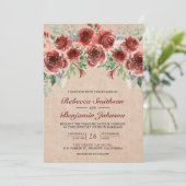 Rustic Burlap Marsala Floral Foto QR Code Hochzeit Einladung (Stehend Vorderseite)