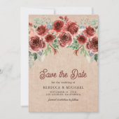 Rustic Burlap Marsala Floral Foto Wedding Save The Date (Vorderseite)