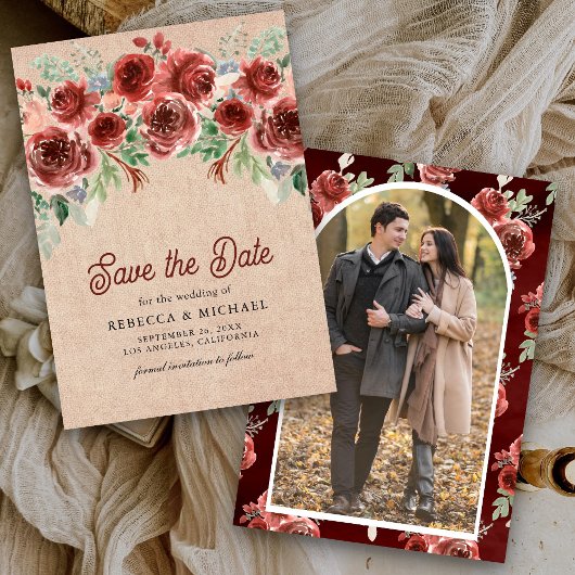 Rustic Burlap Marsala Floral Foto Wedding Save The Date