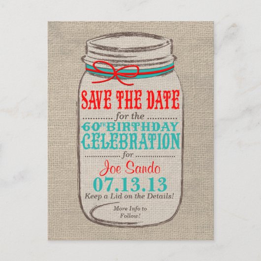 Rustic Burlap & Mason Jar 60 Geburtstag Einladung (Vorderseite)