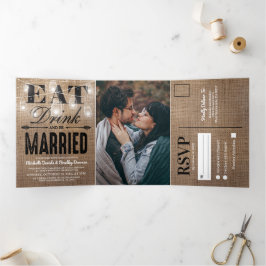 Rustic Burlap Mason Jar All in One Wedding Dreifach Gefaltete Einladung