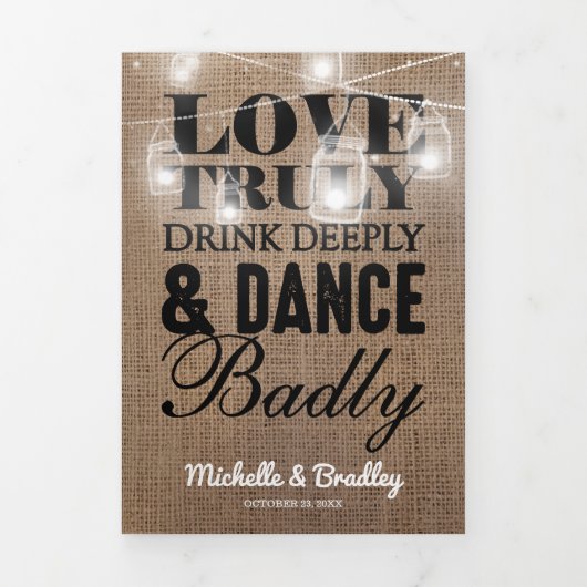 Rustic Burlap Mason Jar All in One Wedding Dreifach Gefaltete Einladung (Cover)