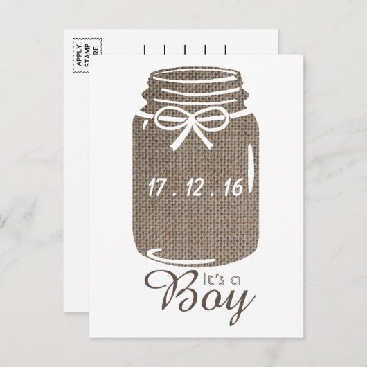 Rustic Burlap Mason Jar Baby Boy Ankündigung (Vorne/Hinten)