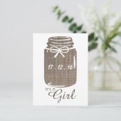 Rustic Burlap Mason Jar Baby Girl Ankündigung (Stehend Vorderseite)