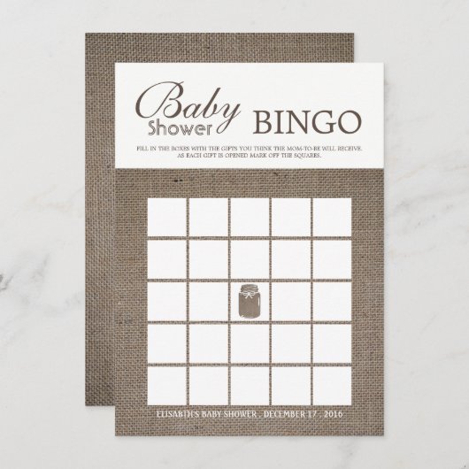 Rustic Burlap Mason Jar Baby Shower Bingo Einladung (Vorne/Hinten)