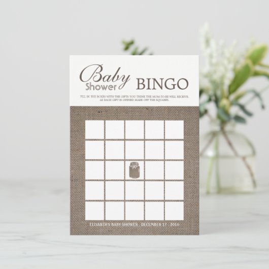 Rustic Burlap Mason Jar Baby Shower Bingo Einladung (Stehend Vorderseite)