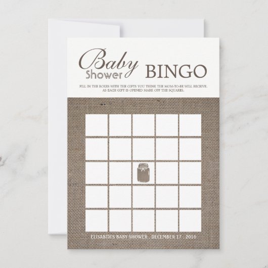 Rustic Burlap Mason Jar Baby Shower Bingo Einladung (Vorderseite)