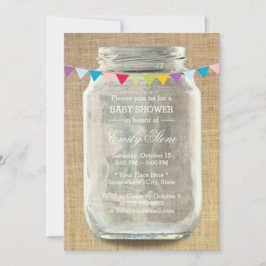 Rustic Burlap Mason Jar Baby Shower Einladung (Vorderseite)