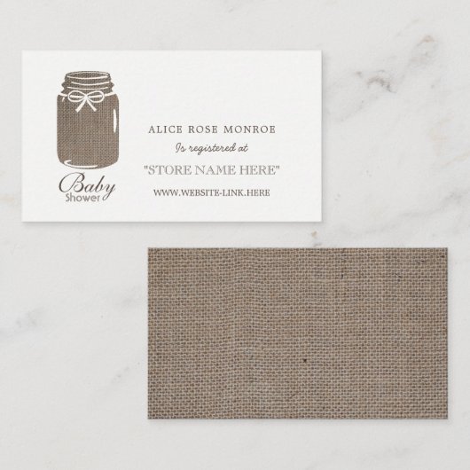 Rustic Burlap Mason Jar Baby Shower Geschenkregist Begleitkarte (Vorne/Hinten)