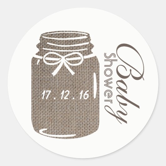Rustic Burlap Mason Jar Baby Shower Runder Aufkleber (Vorderseite)