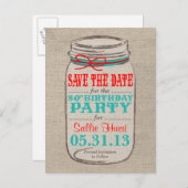 Rustic Burlap & Mason Jar Birthday Invite - Coral Ankündigungspostkarte (Vorne/Hinten)