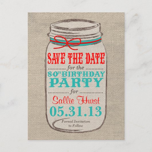 Rustic Burlap & Mason Jar Birthday Invite - Coral Ankündigungspostkarte (Vorderseite)