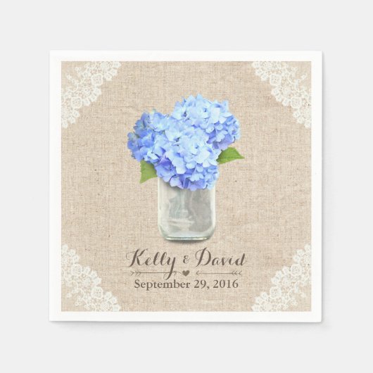 Rustic Burlap Mason Jar Blue Hydrangea Wedding Serviette (Vorderseite)