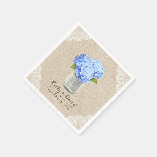 Rustic Burlap Mason Jar Blue Hydrangea Wedding Serviette (Ecke)