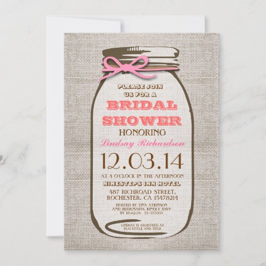 Rustic Burlap Mason Jar Brautparty Einladung (Vorderseite)