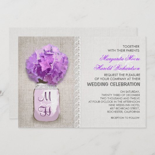 Rustic Burlap Mason Jar Lila Hydrangea Wedding Einladung (Vorne/Hinten)