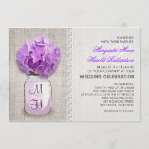 Rustic Burlap Mason Jar Lila Hydrangea Wedding Einladung