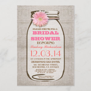 Rustic Burlap Mason Jar Pink Gerbera Brautparty Einladung