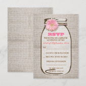 Rustic Burlap Mason Jar Pink Gerbera Wedding RSVP Karte (Vorne/Hinten)