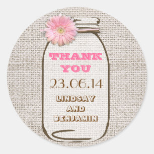 Rustic Burlap Mason Jar Pink Gerbera Wedding Runder Aufkleber