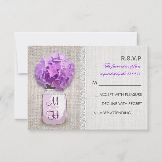 Rustic Burlap Mason Jar Pink Hydrangea UAWG RSVP Karte (Vorderseite)