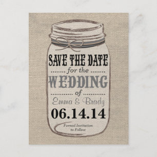 Rustic Burlap Mason Jar Save the Date Black Gray Ankündigungspostkarte