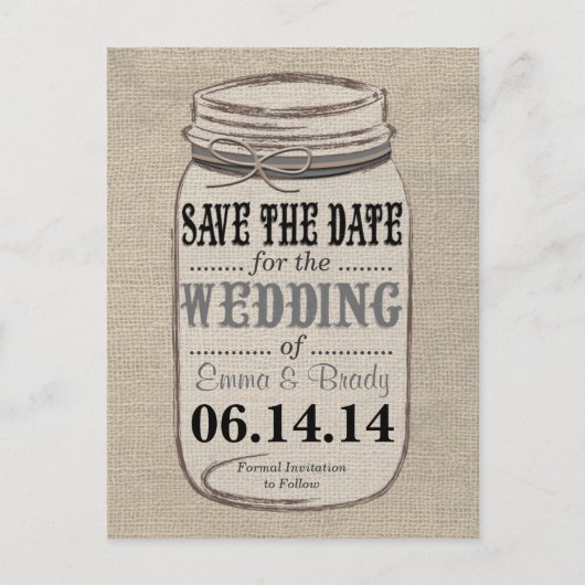 Rustic Burlap Mason Jar Save the Date Black Gray Ankündigungspostkarte (Vorderseite)