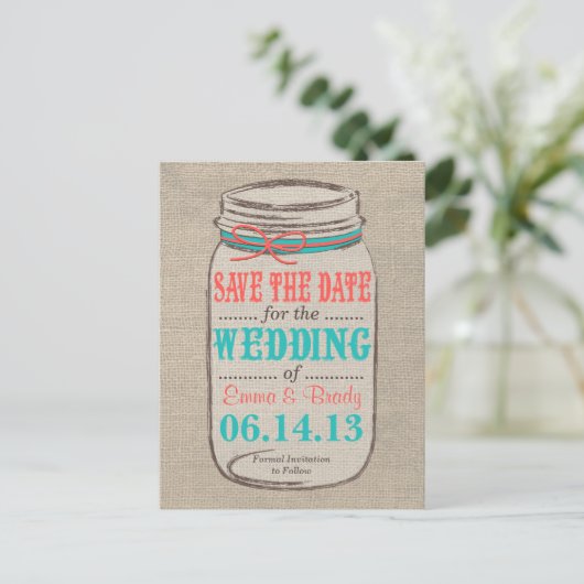 Rustic Burlap & Mason Jar Save the Date - Korallen Ankündigungspostkarte (Stehend Vorderseite)