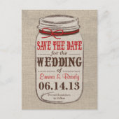 Rustic Burlap & Mason Jar Save the Date Postcard Ankündigungspostkarte (Vorderseite)