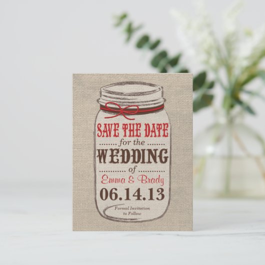 Rustic Burlap & Mason Jar Save the Date Postcard Ankündigungspostkarte (Stehend Vorderseite)
