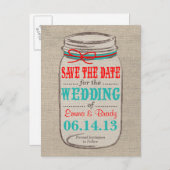 Rustic Burlap & Mason Jar Save the Date Postcard Ankündigungspostkarte (Vorne/Hinten)