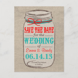 Rustic Burlap & Mason Jar Save the Date Postcard Ankündigungspostkarte