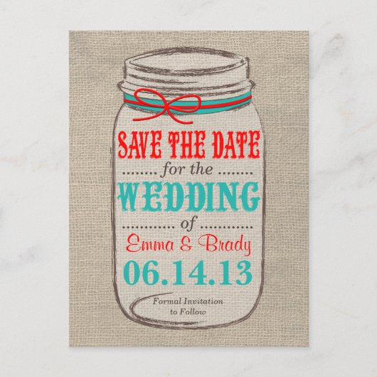 Rustic Burlap & Mason Jar Save the Date Postcard Ankündigungspostkarte (Vorderseite)