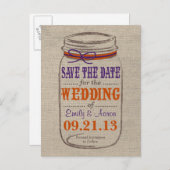 Rustic Burlap & Mason Jar Save the Date Postcard Ankündigungspostkarte (Vorne/Hinten)