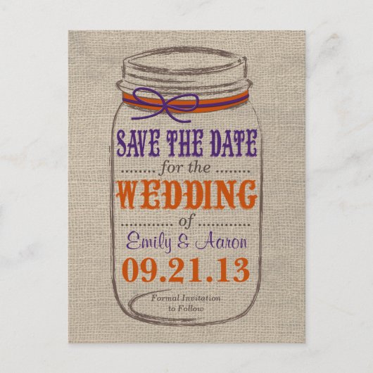 Rustic Burlap & Mason Jar Save the Date Postcard Ankündigungspostkarte (Vorderseite)