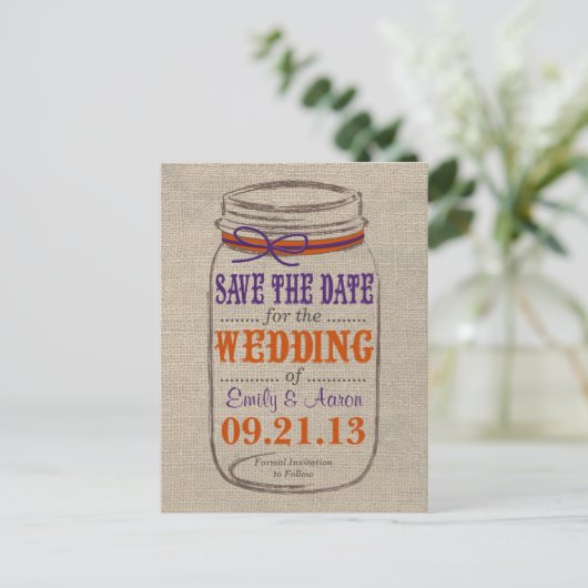 Rustic Burlap & Mason Jar Save the Date Postcard Ankündigungspostkarte (Stehend Vorderseite)