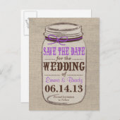 Rustic Burlap & Mason Jar Save the Date Postcard Ankündigungspostkarte (Vorne/Hinten)