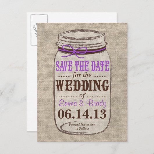 Rustic Burlap & Mason Jar Save the Date Postcard Ankündigungspostkarte (Vorne/Hinten)
